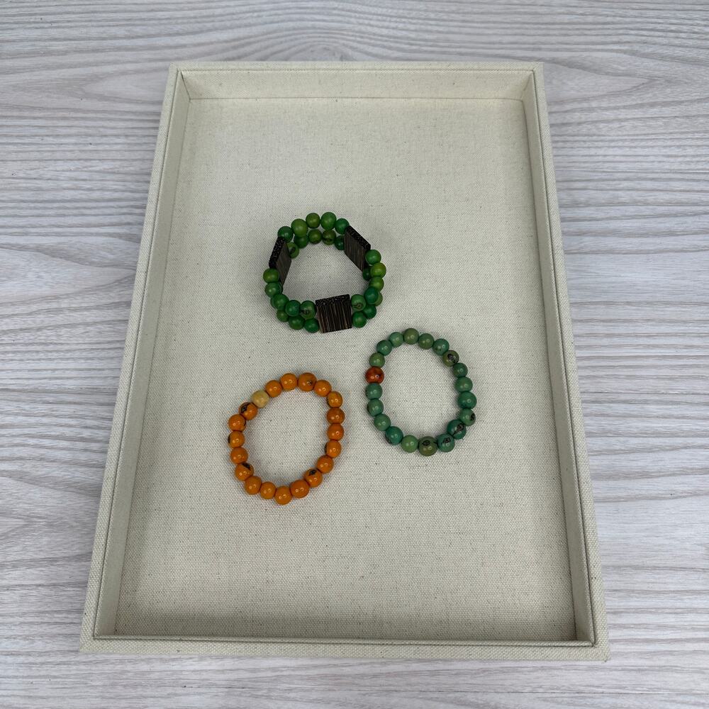 Set of 3 Lucky Wooden Beads Bracelet Orange Green Elastic Fashion Protection